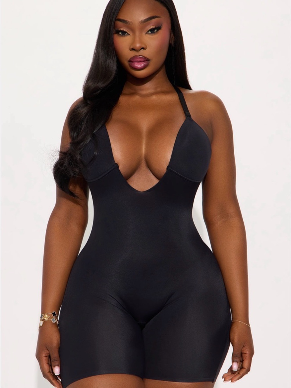 Fashion Nova Black Deep V Halter Shapewear Romper